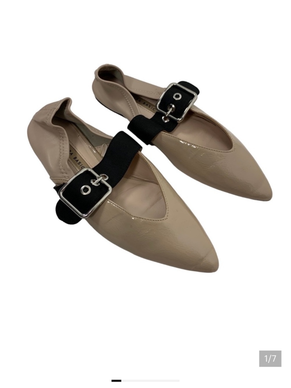 Zara Beige Patent Pointed Toe Flats with Black Buckle Strap